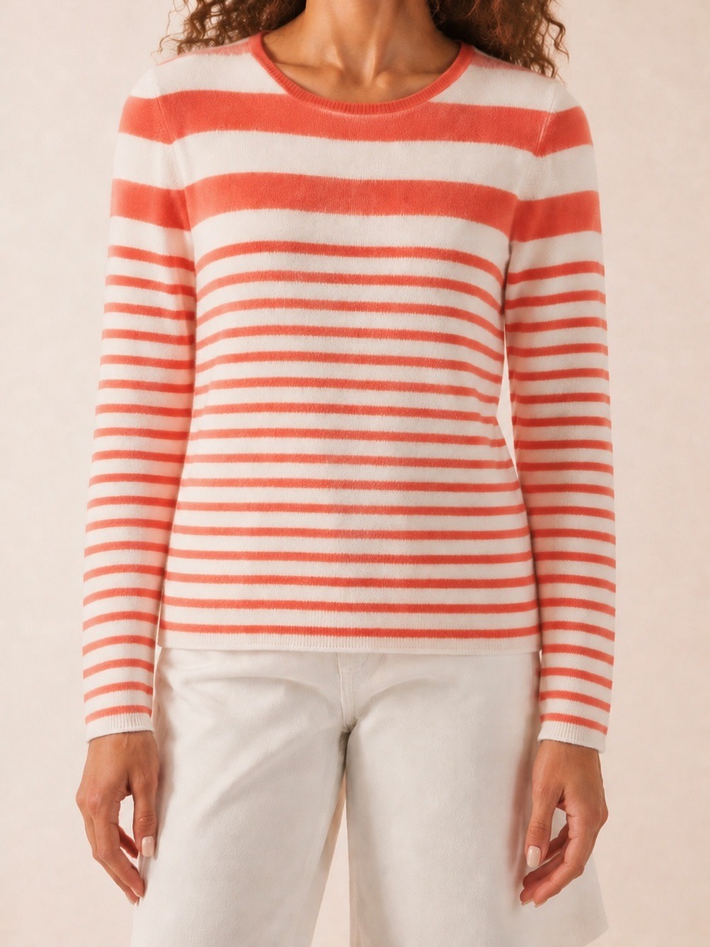 LORD & Taylor 100% Cashmere Salmon Pink & White Striped Crew Neck Sweater Size M